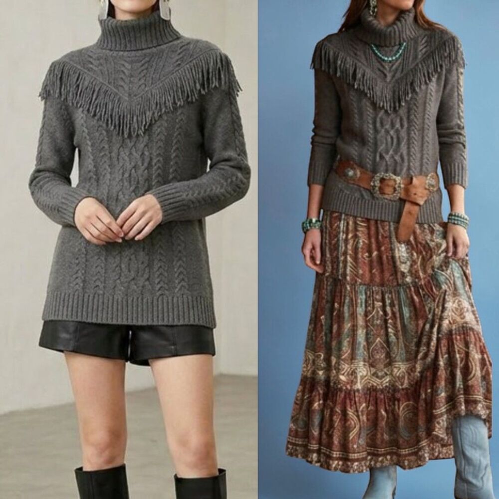 Joie Cable-Knit Turtleneck Fringe Sweater